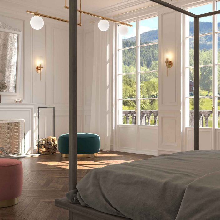 Vista generale di una camera da letto con porte finestre Skyline Classic con inglesine