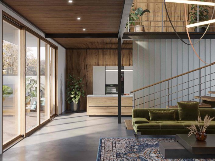 Vue sur l'espace ouvert entre le séjour et la cuisine avec porte coulissante en bois Klima 80 Slim